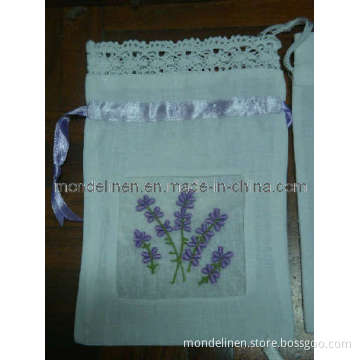 Lavender Embroidery Linen Bag with Nice Lace Border (LB-006)